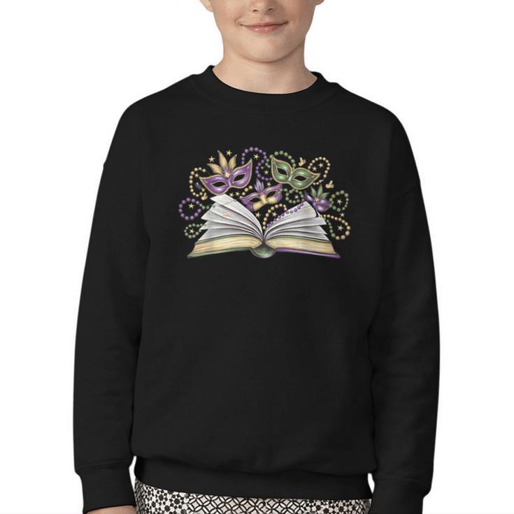 Mardi Gras Book Librarian Author Purple Beads Youth Crewneck Sweatshirt