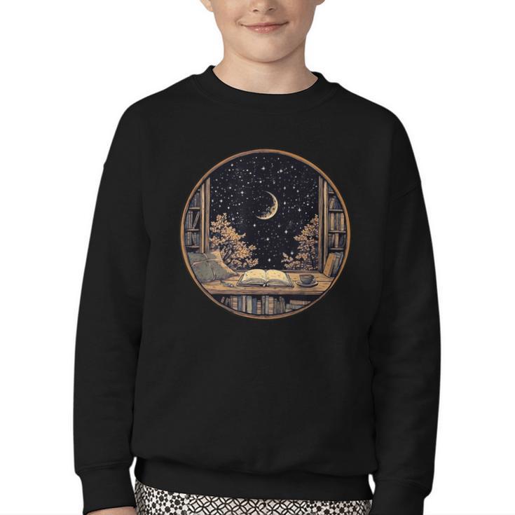 Moon Book Bookshelf Library Coffee Cup Star Stars Pattern Youth Crewneck Sweatshirt