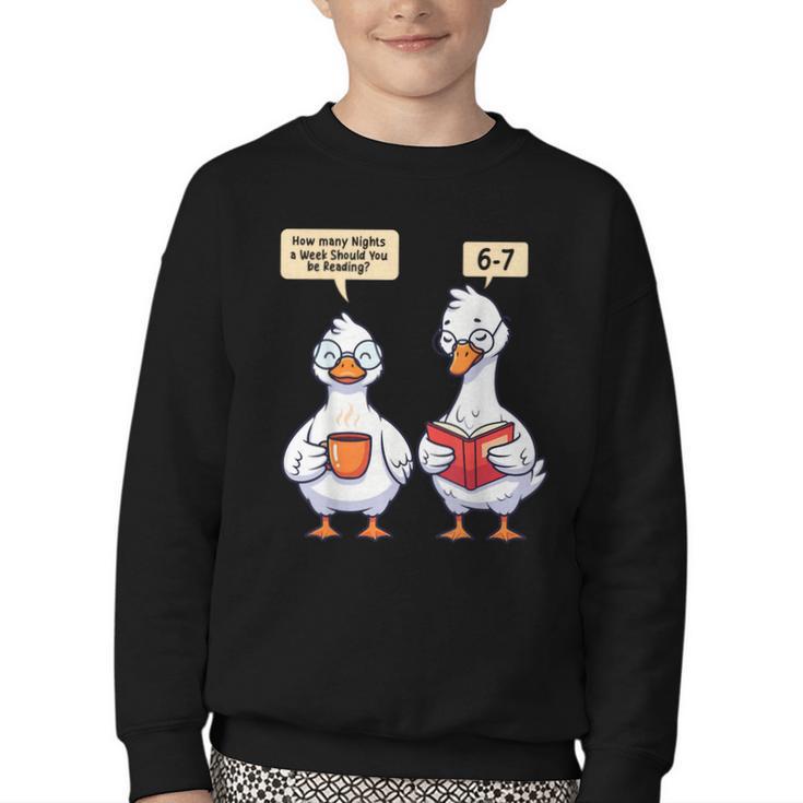How Many Nights Reading Goose Book Lover Reader Youth Crewneck Sweatshirt