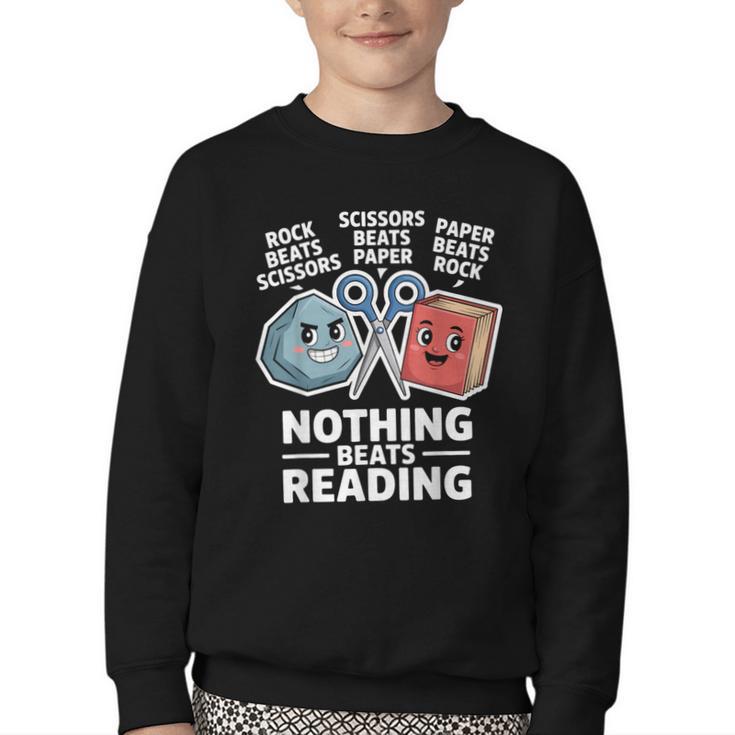 Nothing Beats Reading Rock Paper Scissors Book Lover Youth Crewneck Sweatshirt