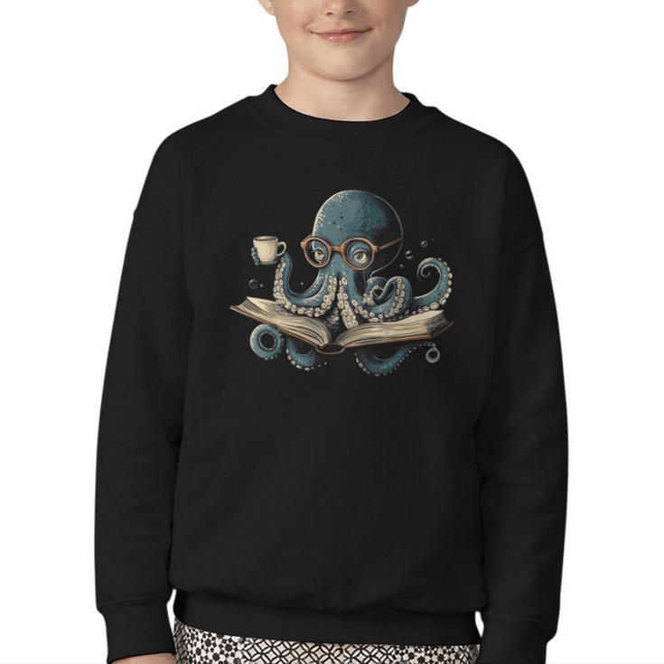 Octopus Reading Book Coffee Book Lover Bookworm Nerd Youth Crewneck Sweatshirt