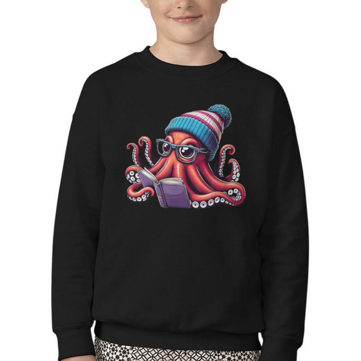 Octopus Reading Book Kraken Book Lover Youth Crewneck Sweatshirt