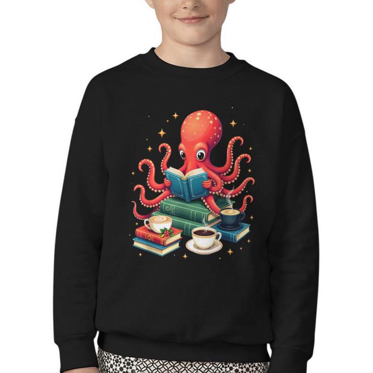Octopus Reading Books Tea Coffee Youth Crewneck Sweatshirt