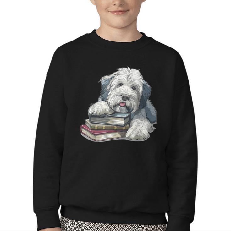Old English Sheepdog Books Reading Dog Breed Graphic Youth Crewneck Sweatshirt
