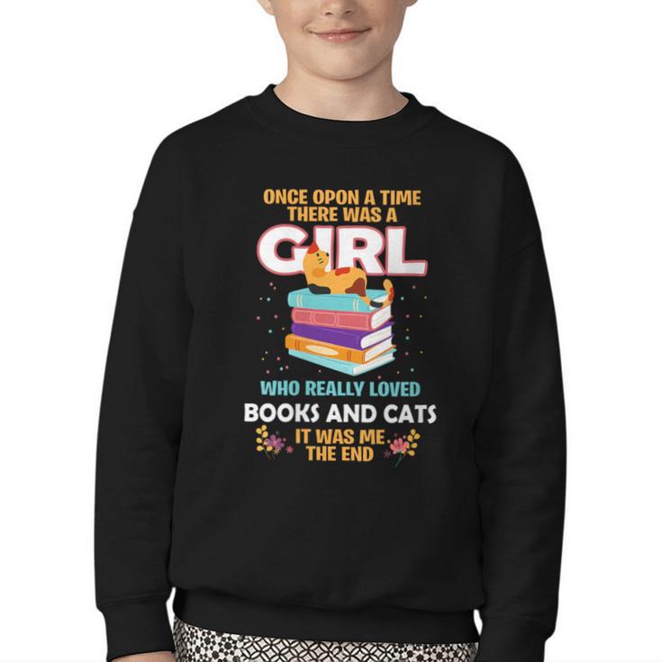 Once Upon A Time There Was A Girl Who Loves Books And Cats Youth Crewneck Sweatshirt