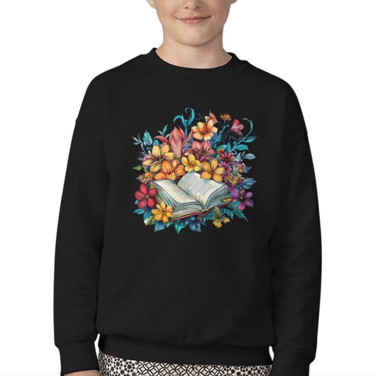 Open Book With Colorful Floral Reading Magic Youth Crewneck Sweatshirt