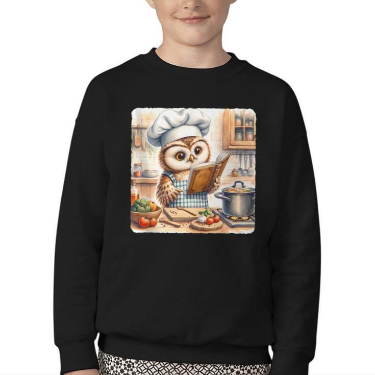 Owl Learning To Cook With Cookbook Chef Apron Stove Cooking Youth Crewneck Sweatshirt