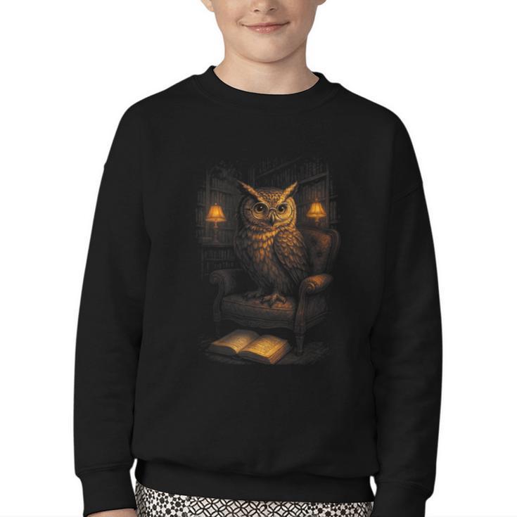 Owl Library Books Wisdom Reading Vintage Scholar Youth Crewneck Sweatshirt