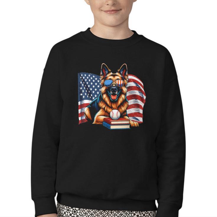 Patriotic German Shepherd Dog Books Baseball American Flag Youth Crewneck Sweatshirt