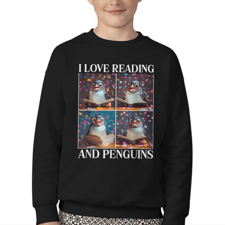 Penguin Love Reading And Penguins Child Book Lover Youth Crewneck Sweatshirt