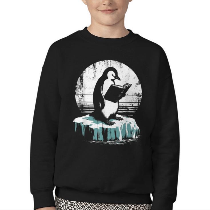 Penguin Reading A Book Vintage Graphic Bookworm Lover Youth Crewneck Sweatshirt