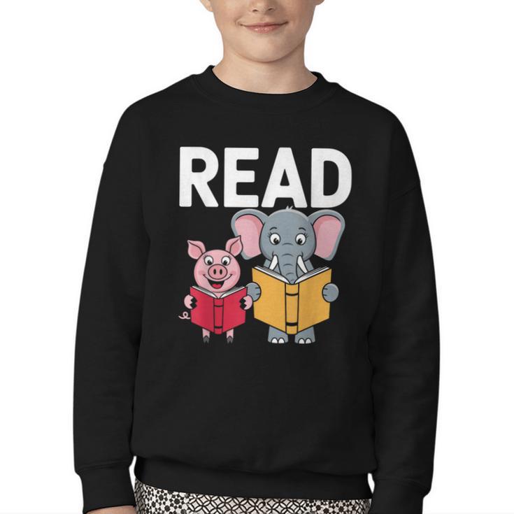 Pig Elephant Reading Cute Book Lover Bookworm Boys Girls Kid Youth Crewneck Sweatshirt