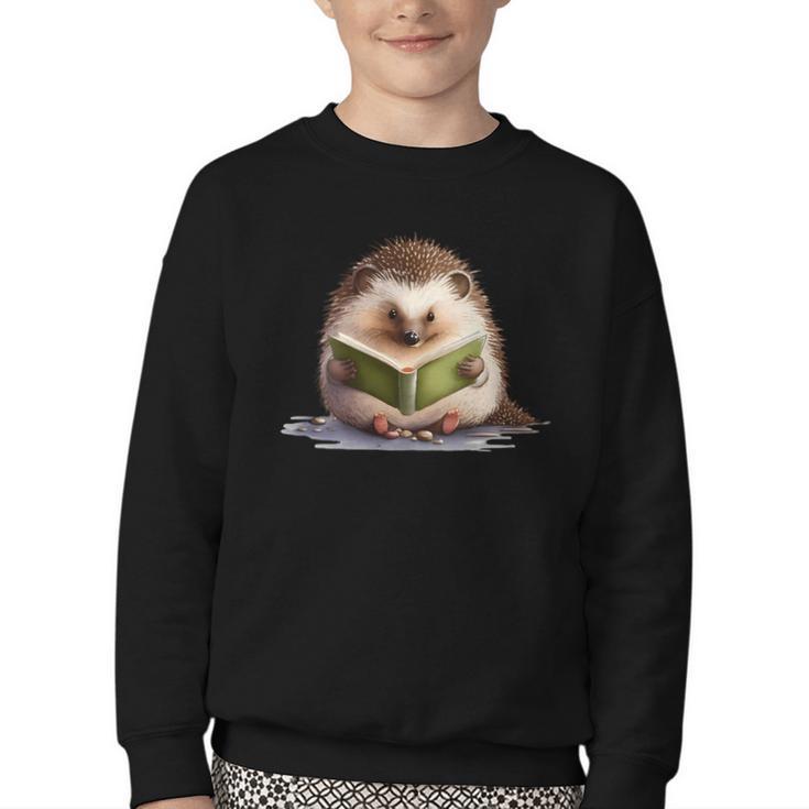 Porcupine Reading Book Hedgehog Book Lover Youth Crewneck Sweatshirt