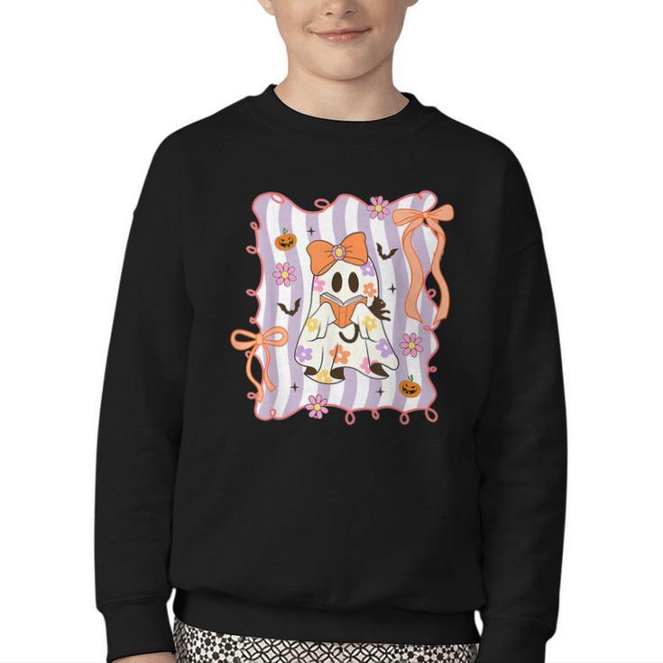Preppy Coquette Bow Ghost Reading Books Halloween Book Youth Crewneck Sweatshirt