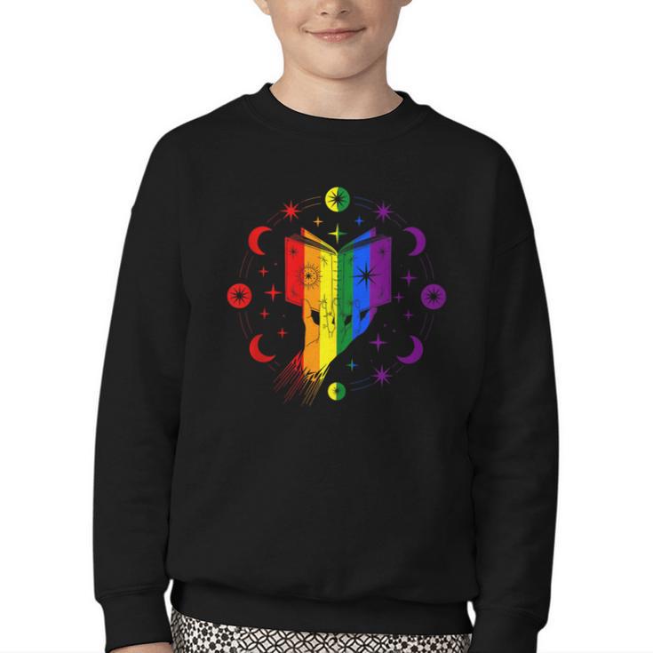 Rainbow Book With Stars And Moon Phases Gay Pride LGBT Youth Crewneck Sweatshirt