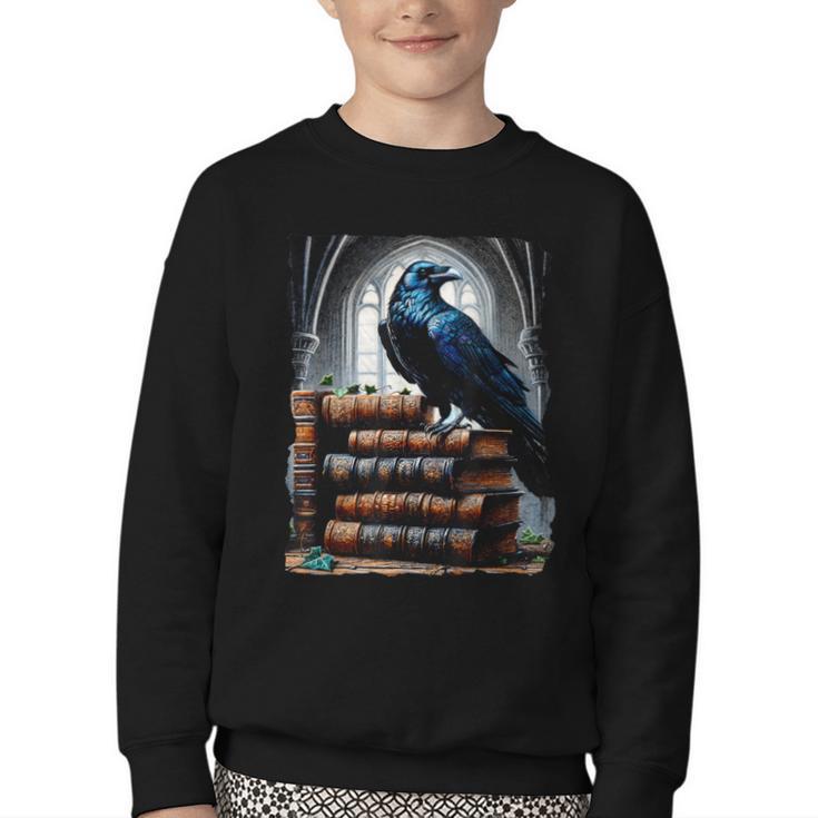 Raven On A Stack Of Books Wisdom Of Odin Youth Crewneck Sweatshirt