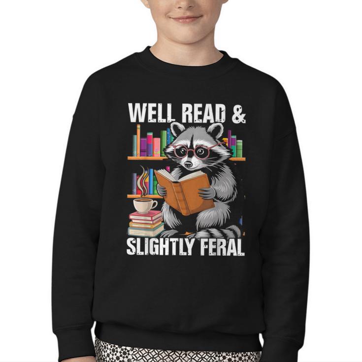 Well Read & Slightly Feral Raccoon Book Lover Graphic Youth Crewneck Sweatshirt