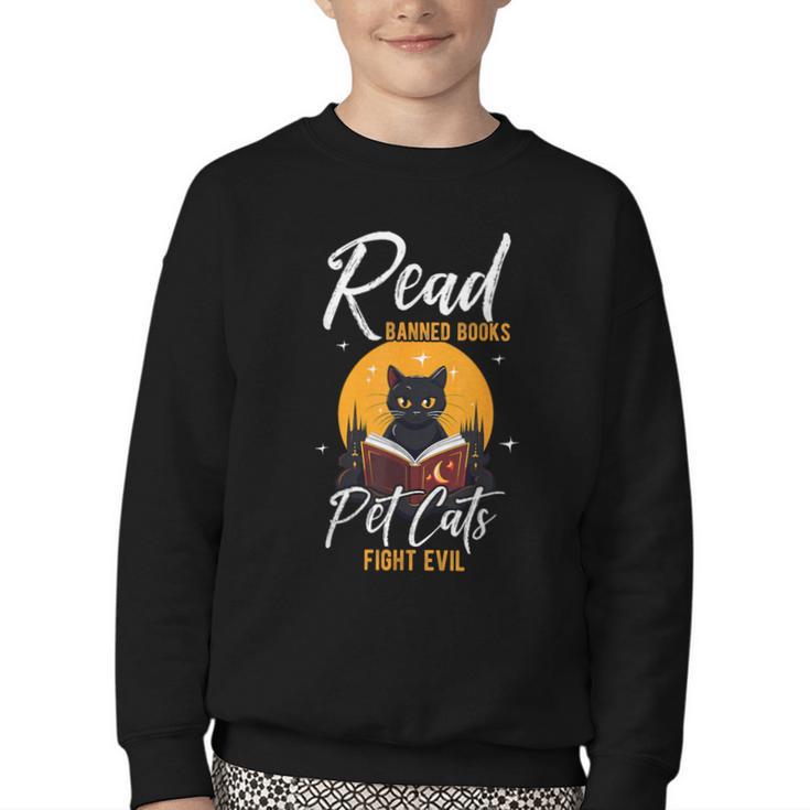 Read Banned Books Pet Cats Fight Evil Read Banned Reader Youth Crewneck Sweatshirt