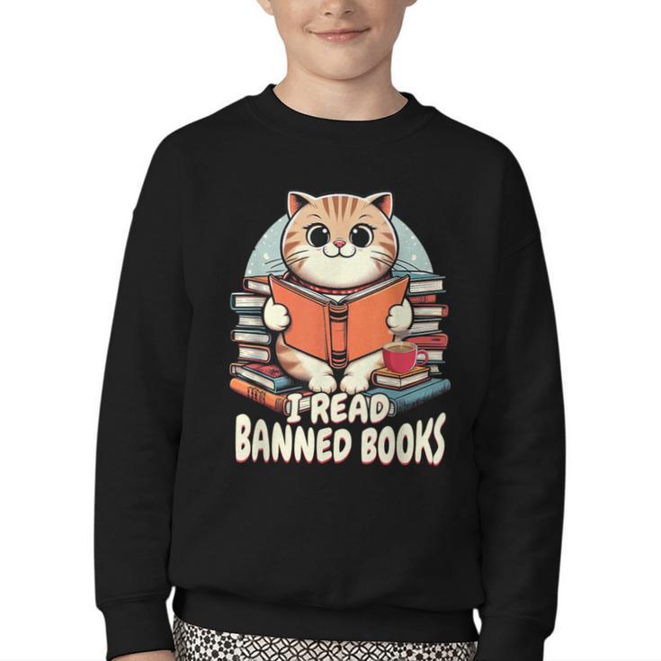 I Read Banned Books Shirt Cat Lover Bookworm Reader Men Women Kids Youth Crewneck Sweatshirt