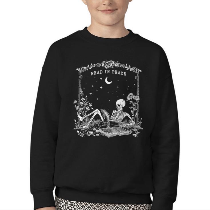 Read In Peace Skeleton Reading Book Halloween Bookish Youth Crewneck Sweatshirt