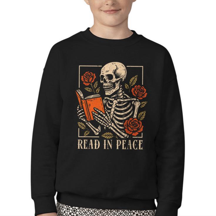 Read In Peace Skeleton Reading Book Halloween Teacher Youth Crewneck Sweatshirt