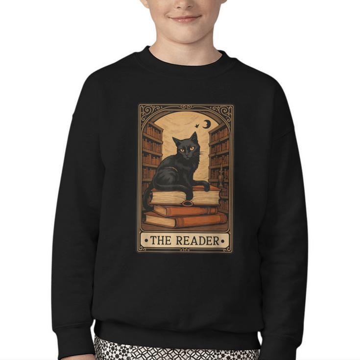 The Reader Cat Book Reading Halloween Tarot Card Youth Crewneck Sweatshirt