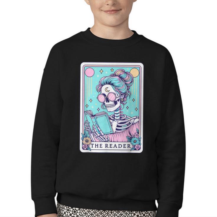 The Reader Retro Reading Skeleton Books Flowers Tarot Card Youth Crewneck Sweatshirt
