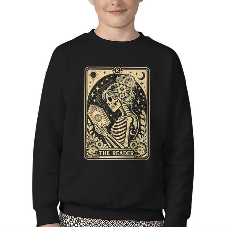 The Reader Tarot Card Book Lover Skeleton Reading Book Youth Crewneck Sweatshirt