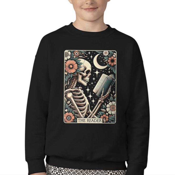 The Reader Tarot Card Skeleton Reading Book Bookworm Bookish Youth Crewneck Sweatshirt