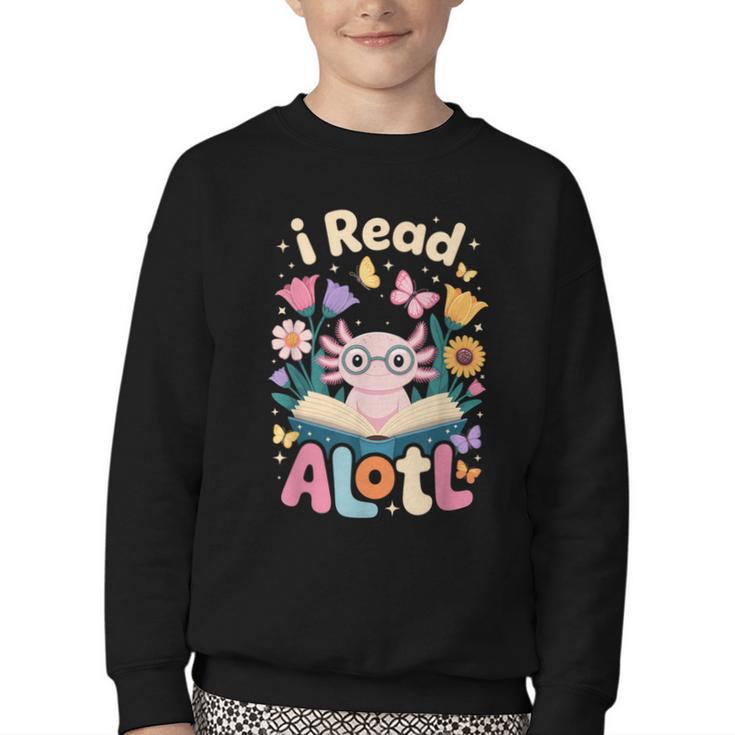 Reading Axolotl Book Lover Wildflowers Youth Crewneck Sweatshirt