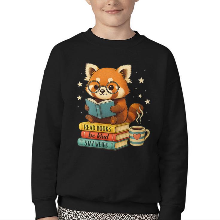Reading Book Lover Red Panda Read Books Be Kind Stays Weird Youth Crewneck Sweatshirt