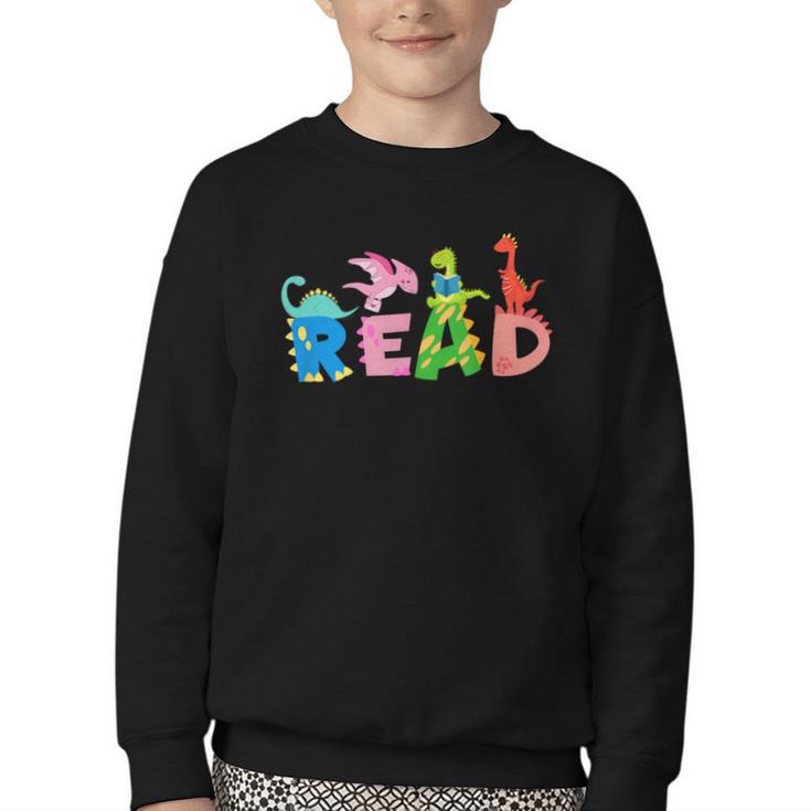 Reading Dinosaur T Rex Dino Book Lover Youth Crewneck Sweatshirt