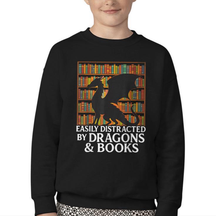 Reading Dragon Easily Distracted By Dragons And Books Youth Crewneck Sweatshirt