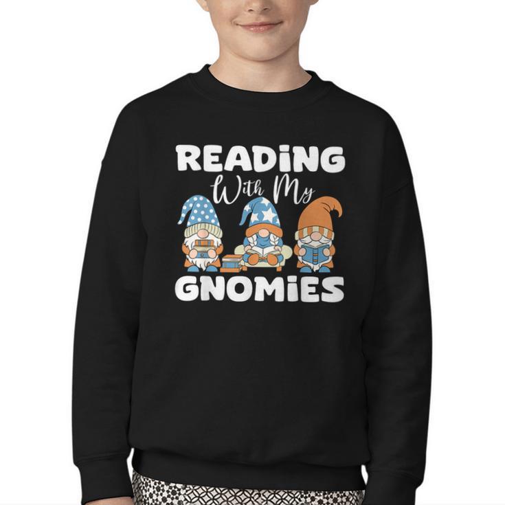 Reading With My Gnomies Gnomes Books Lover Bookworm Youth Crewneck Sweatshirt