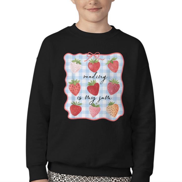 Reading Is My Jam Preppy Stawberry Bookworm Book Lover Nerd Youth Crewneck Sweatshirt