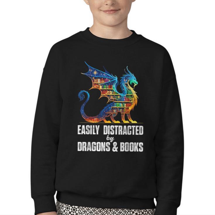 Reading Lover Easily Distracted By Dragons And Books Dragon Youth Crewneck Sweatshirt