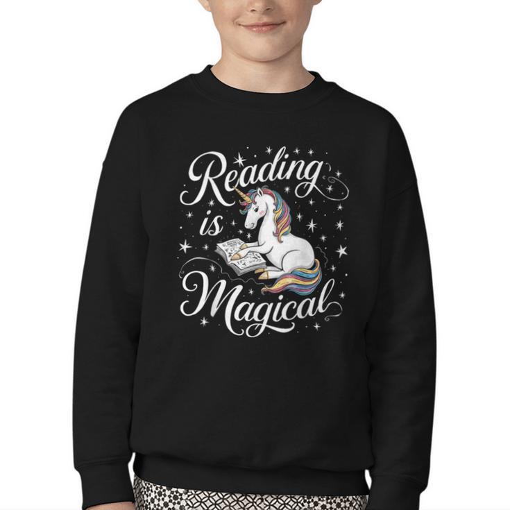 Reading Is Magical Unicorn Book Lover Fantasy Kids Youth Crewneck Sweatshirt