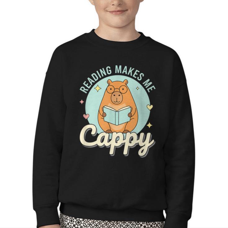 Reading Makes Me Cappy Bookworm Capybara Book Reading Youth Crewneck Sweatshirt