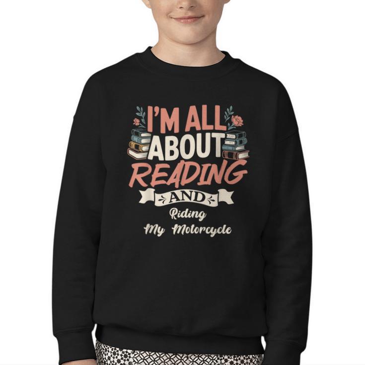Reading And Motorcycle Life For Bikers Who Love Books Youth Crewneck Sweatshirt