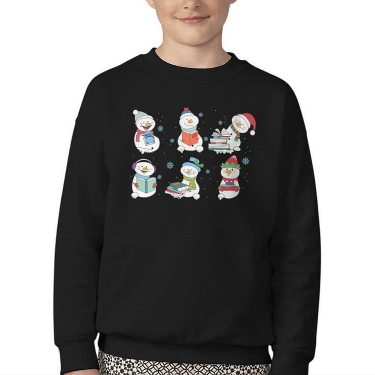Reading Snowman Christmas Book Lovers Bookworm Librarian Youth Crewneck Sweatshirt
