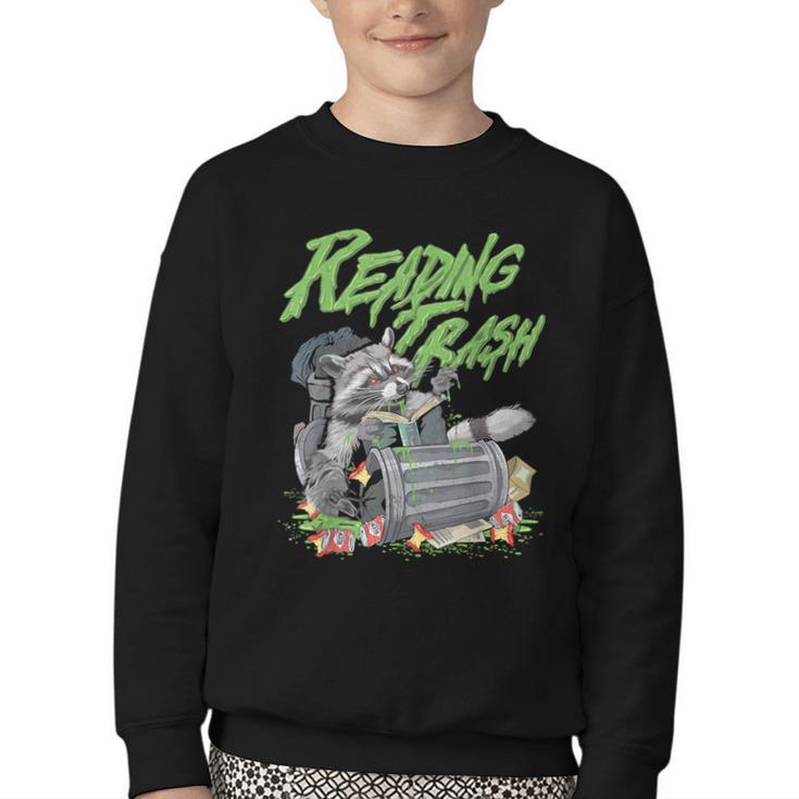 Reading Trash Racoon Bookworm Bookish Librarian Book Lover Youth Crewneck Sweatshirt