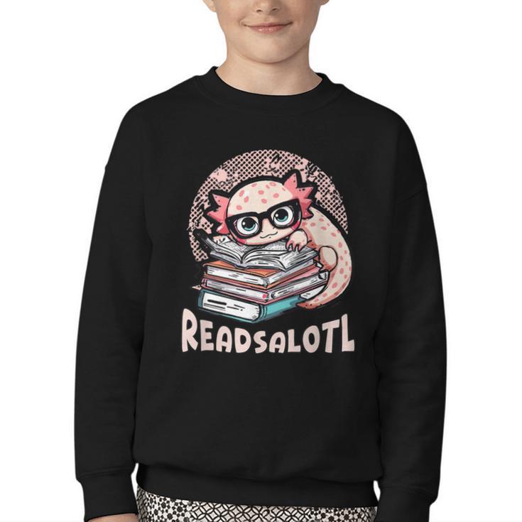 Readsalotl Axolotl Reading Books Glasses Bookworm Pun Fun Youth Crewneck Sweatshirt