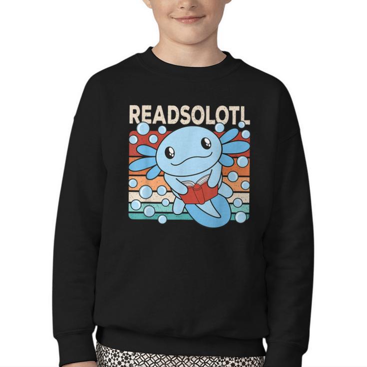 Readsolotl Blue Kawaii Axolotl Book Lover Reading Retro Youth Crewneck Sweatshirt