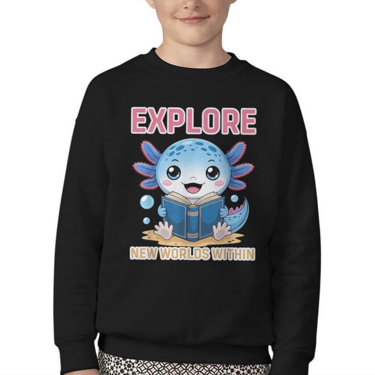 Readsolotl Kawaii Axolotl Book Lover Reading Youth Crewneck Sweatshirt