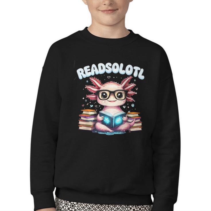 Readsolotl Pink Kawaii Axolotl Read Book Lover Reading Youth Crewneck Sweatshirt