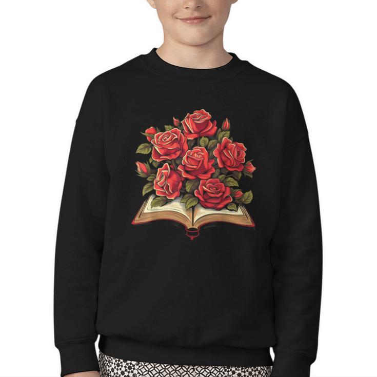 Red Roses Flowers Book Floral Youth Crewneck Sweatshirt