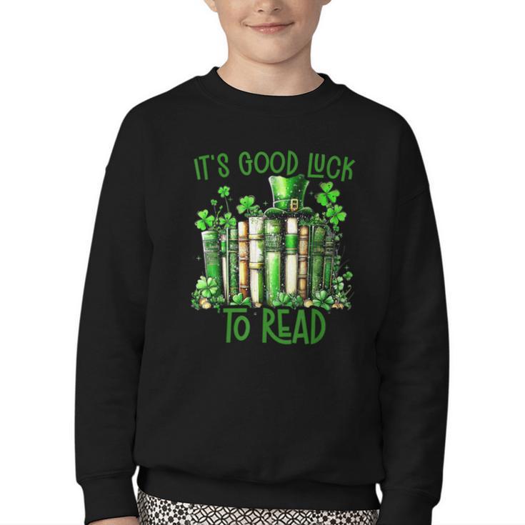 Retro Book Lucky Reading Teacher St Patrick's Day -Adults Small Cotton Blend Polyester Blend Short Sleeve Youth Crewneck Sweatshirt