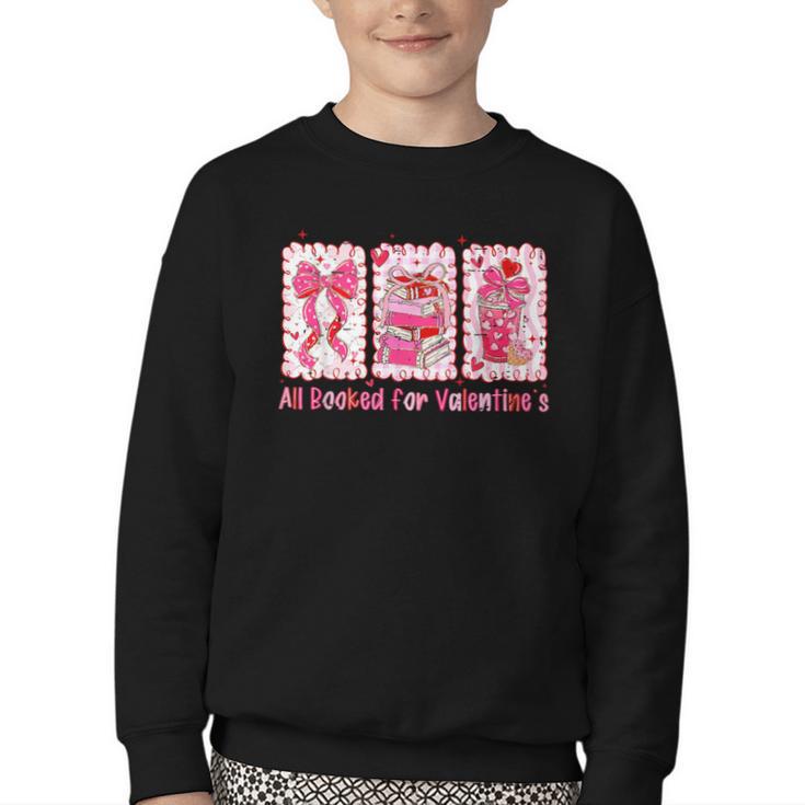 Retro Coquette Bow All Booked For Valentines Book Lover Cute Youth Crewneck Sweatshirt