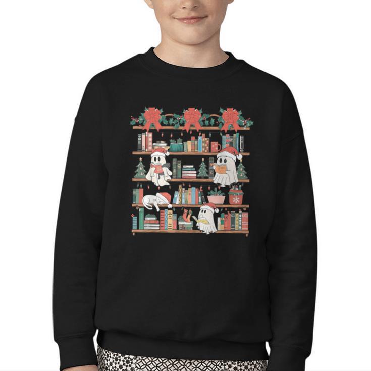 Retro Ghost Reading Book Teacher Librarian Bookish Christmas Youth Crewneck Sweatshirt