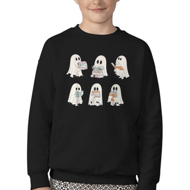 Retro Ghost Reading Books Halloween Bookish Ghost Bookworm Youth Crewneck Sweatshirt